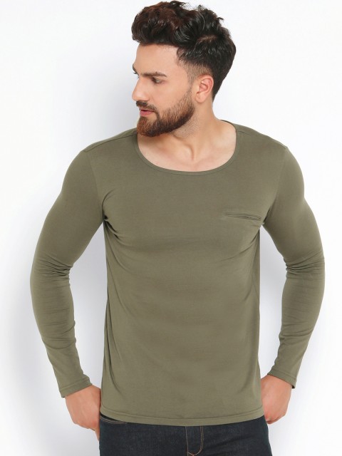 

GESPO Men Olive Green Solid Scoop Neck T-shirt