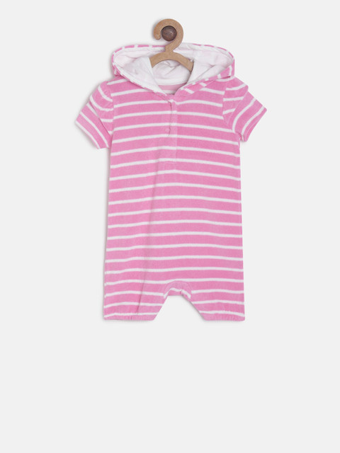 

MINI KLUB Infant Girls Pink & White Striped Hooded Romper