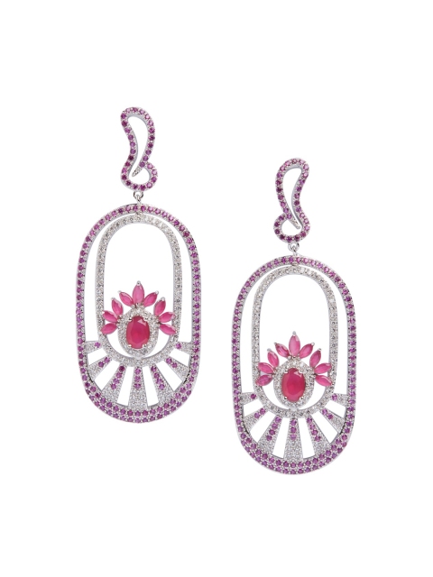 

shaze Rhodium-Plated & Pink Classic Hoop Earrings, Silver