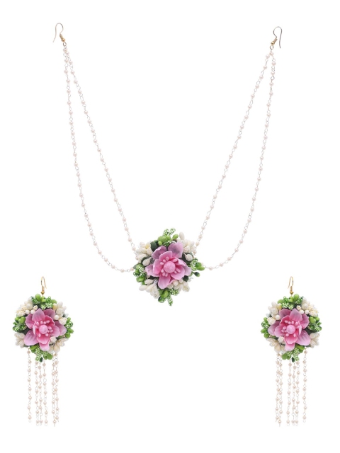 

Shoshaa Gold-Coloured & Pink Beaded Floral Jewellery Set