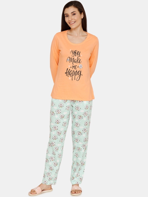 

Zivame Women Orange & Sea Green Printed Night Suit ZI60WZFASHAGREN