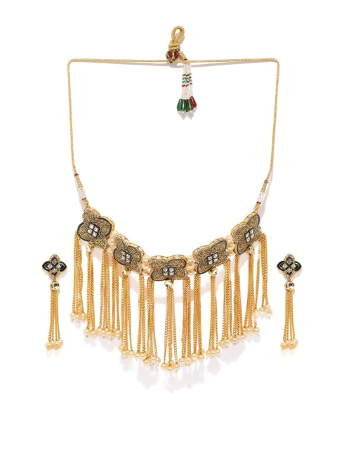

Sukkhi Gold-Plated Green & White Stone-Studded Beaded Meenakari Jewellery Set