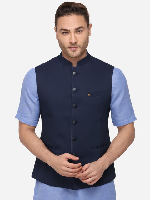 

Greenfibre Men Navy Blue Solid Nehru Jacket