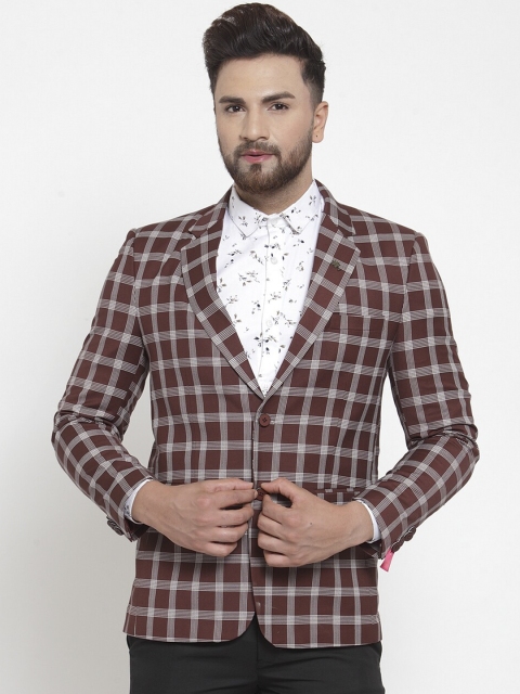 

MAXENCE Men Brown & White Checked Slim-Fit Single-Breasted Formal Blazer