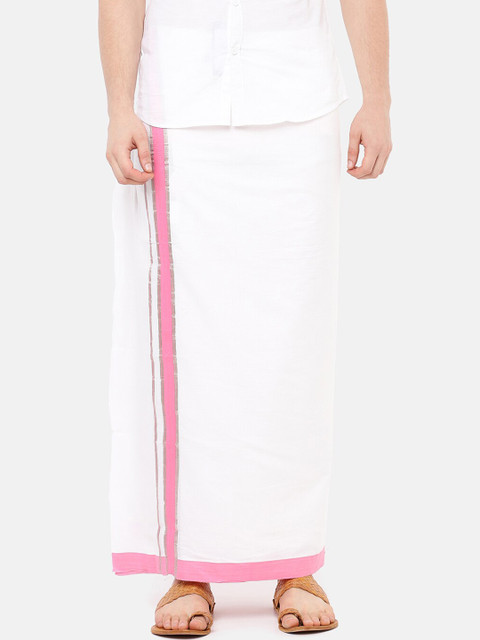 

RAMRAJ COTTON Men White Solid Panchami Grand Dhoti With Pink Border