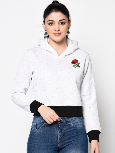 

ELEGANCE Women White Solid Hooded Crop Sweatshirt