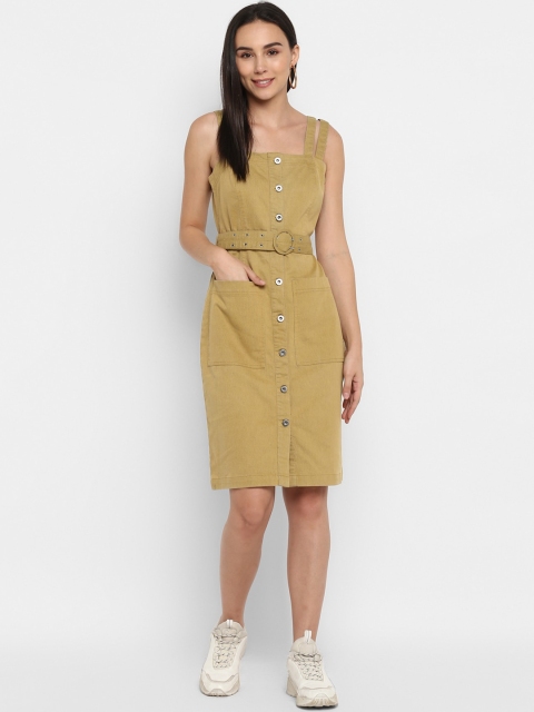 

FOSH Women Beige Solid Denim Pinafore Dress