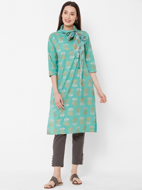 

Vedic Women Green & Gold-Coloured Floral Printed A-Line Kurta