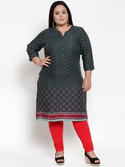 

plusS Women Green Printed Straight Kurta