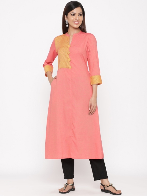

Jaipur Kurti Women Peach-Coloured & Yellow Colourblocked A-Line Kurta