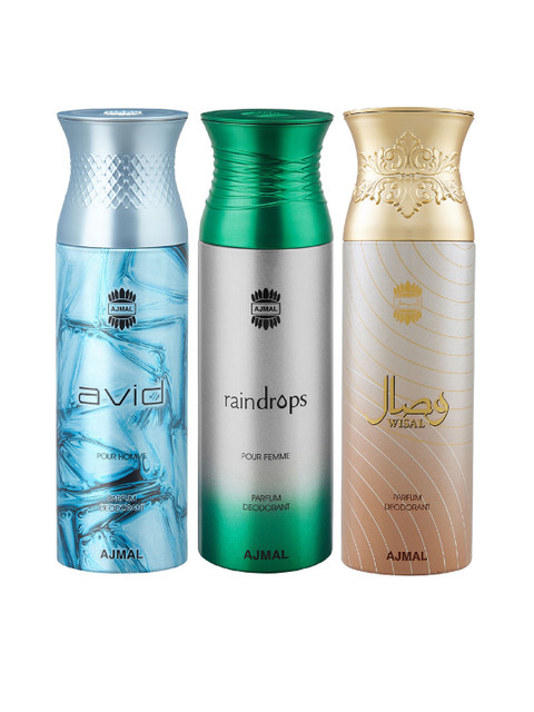 

Ajmal Unisex Set of Avid with Raindrops & Wisal Dhahab Deodorant - 200 ml each, Multi