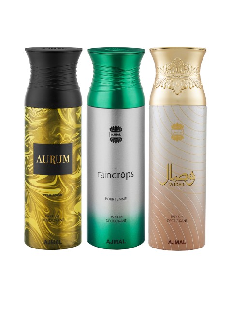 

Ajmal Unisex Pack of 3 Aurum & Raindrops & Wisal Deodorant Spray - 200 ml each, Multi