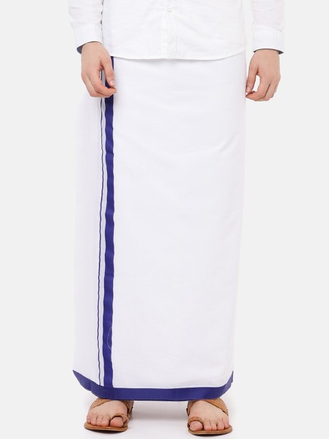

RAMRAJ COTTON Men White Solid Wave Dhoti With Royal Blue Border