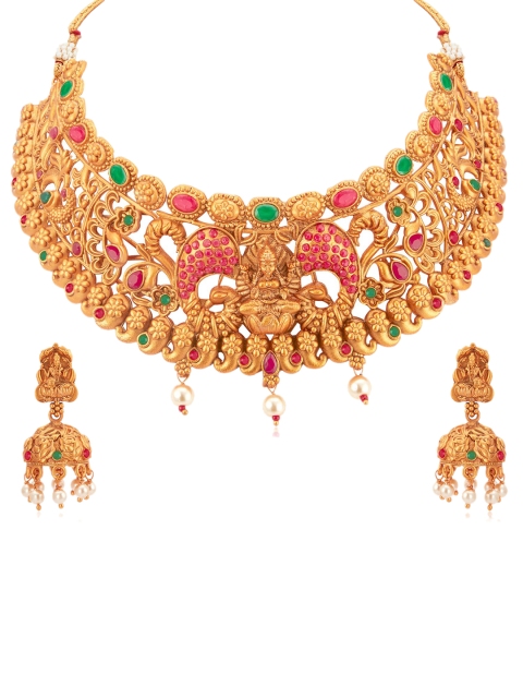 

Sukkhi Gold-Plated Pink & Green Stone-Studded Pearl Temple Jewellery Set