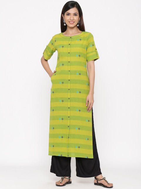 

Jaipur Kurti Women Green Woven Design Straight Kurta