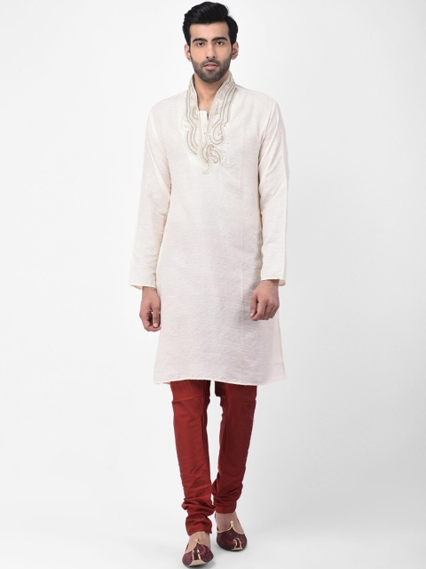 

SG LEMAN Men Off-White & Maroon Solid Raw Silk Kurta with Churidar