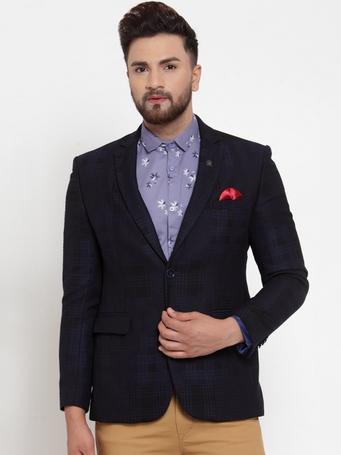 

MAXENCE Men Navy Blue Checked Slim-Fit Single-Breasted Formal Blazer
