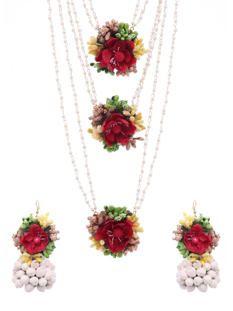 

Shoshaa Gold-Coloured & Red Beaded Floral Jewellery Set