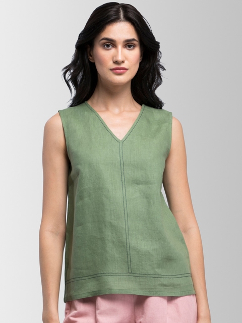 

FableStreet Women Olive Green Solid Linen Top