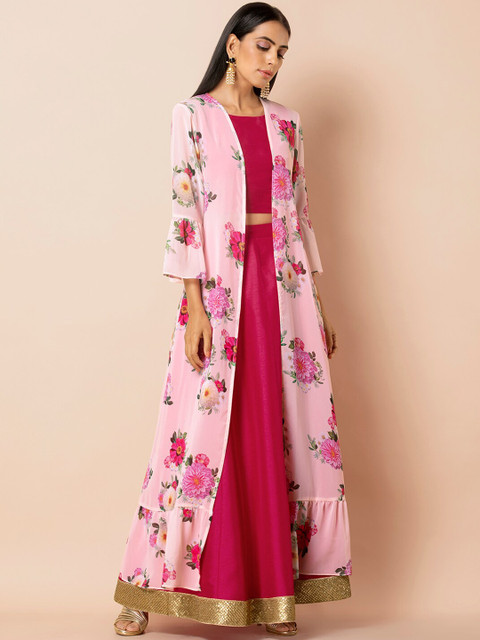 

INDYA Women Pink & Green Floral Printed Tailored Longline Jacket