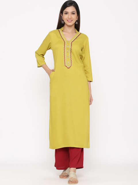 

Jaipur Kurti Women Lime Green & Maroon Yoke Design Kurta with Palazzos