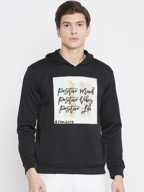 

armure Men Black & White Printed Hooded Pullover Sweatshirt