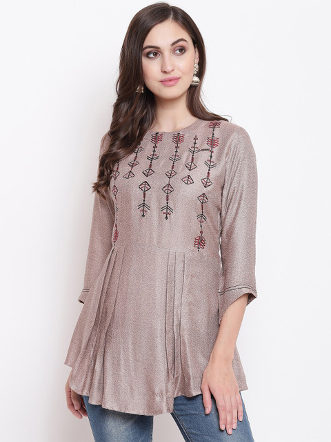 

Kvsfab Women Taupe-Colour & Red Embroidered A-Line Kurti