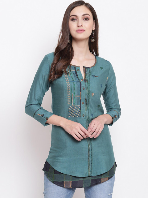 

Kvsfab Women Green Embroidered A-Line Kurti, Sea green