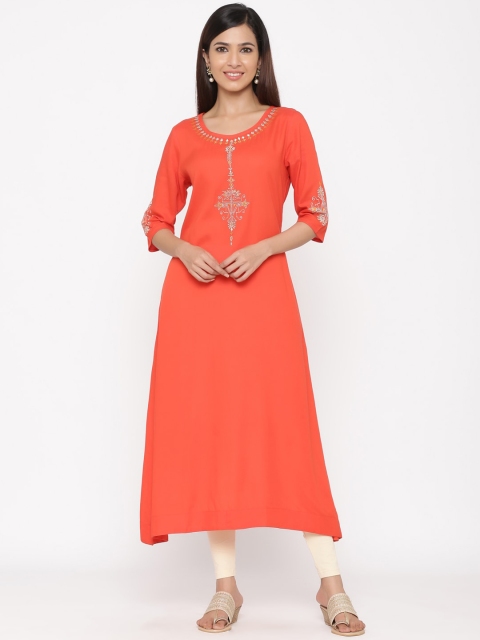 

Jaipur Kurti Women Orange & Beige Embroidered Kurta with Trousers