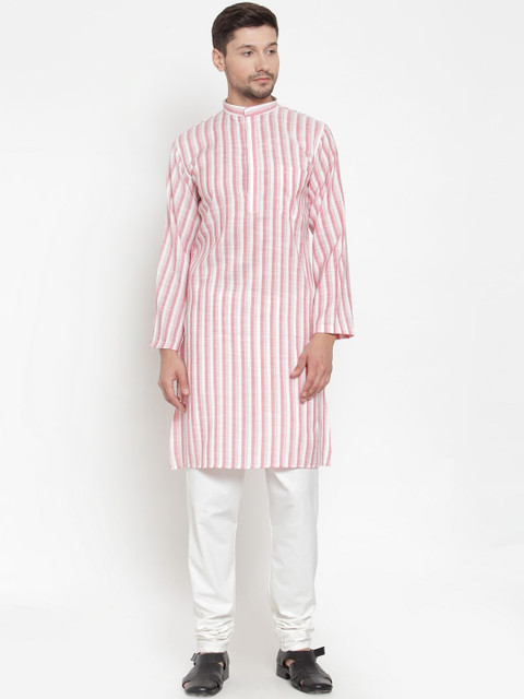 

KLOTTHE Men Pink & Off-White Striped Kurta with Pyjamas