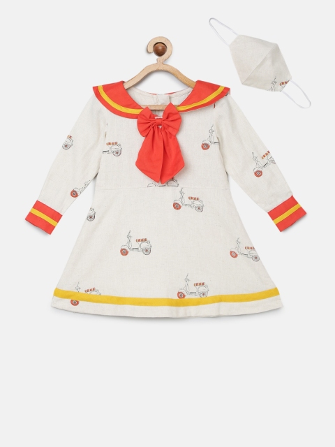 

Tutus By Tutu Girls White Printed A-Line Dress With Matching Mask