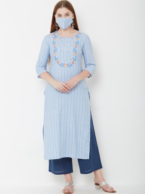 

FASHOR Women Blue Striped Straight Kurta