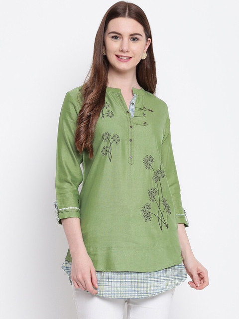 

Kvsfab Women Green Embroidered A-Line Kurti