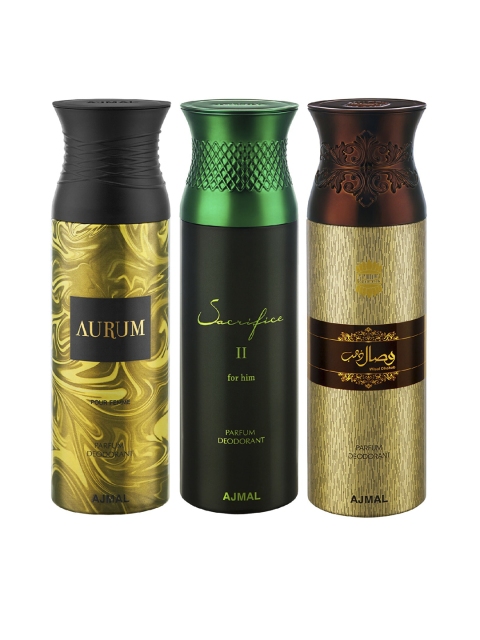 

Ajmal Unisex Pack of 3 Aurum Sacrifice II for Him & Wisal Dhahab Deodorants 200ML each, Multi