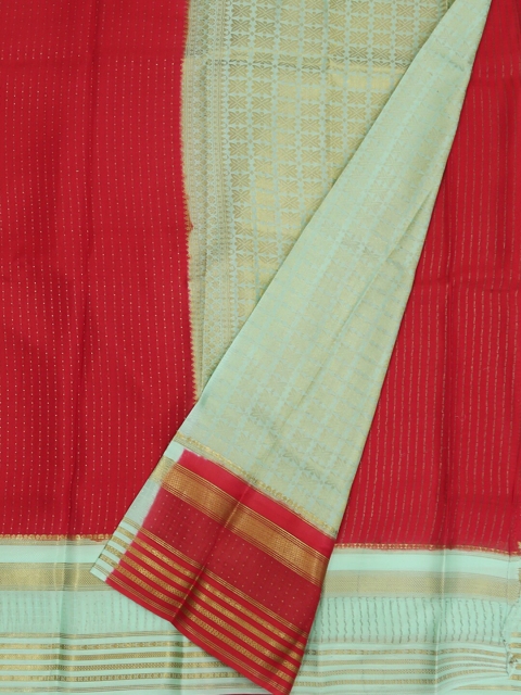 

Pothys Red & Sea Green Pure Silk Striped Mysore Silk Saree