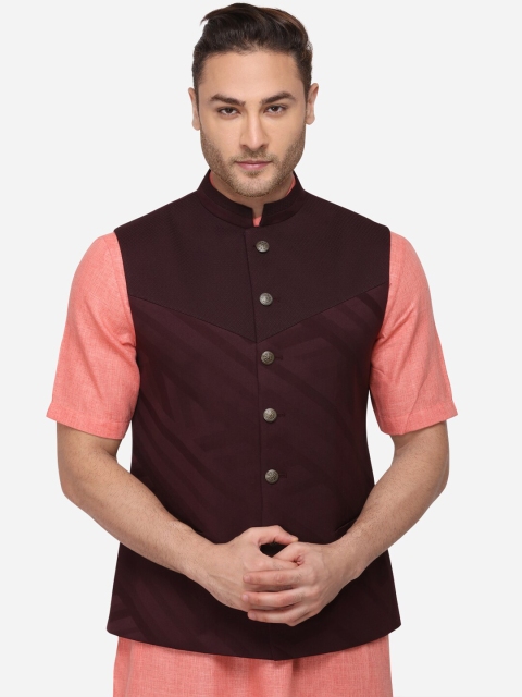 

JB STUDIO Men Burgundy Solid Corduroy Nehru Jacket