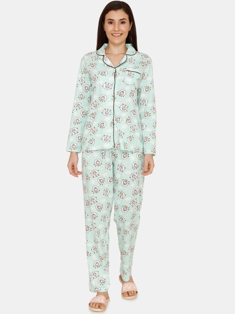 

Zivame Women Sea Green & White Printed Night Suit