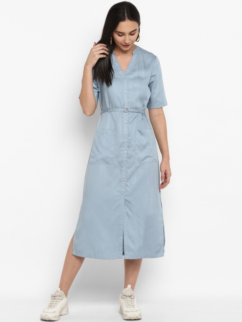 

FOSH Women Blue Solid Pure Linen Shirt Dress
