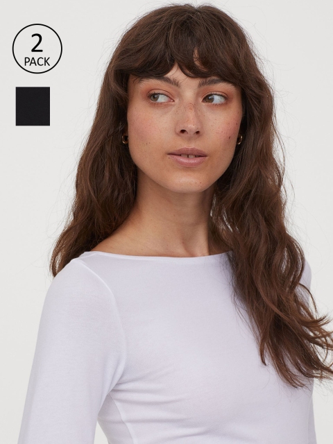 

H&M Women White & Black 2-Pack Long-Sleeve Jersey Tops