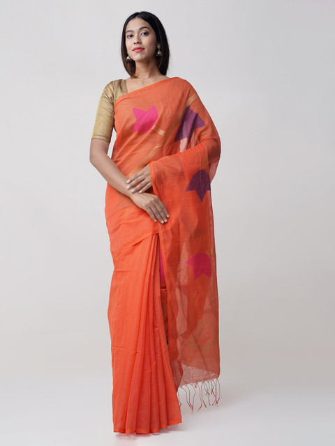 

Unnati Silks Orange & Pink Silk Cotton Floral Printed Handloom Jamdani Saree