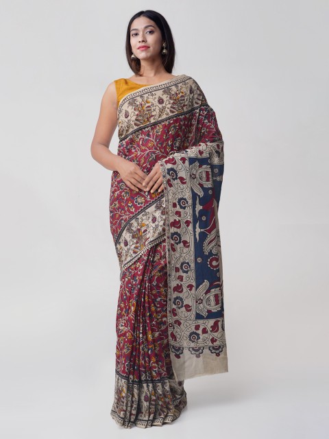

Unnati Silks Navy Blue & Beige Pure Cotton Kalamkari Printed Saree