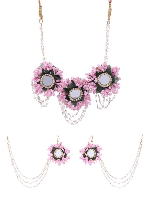 

Shoshaa Pink & Gold-Toned Beaded Floral Jewellery Set