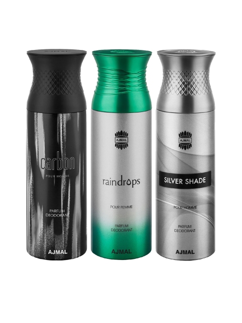 

Ajmal Unisex Set Of 3 Carbon Raindrops & Silver Shade Deodorants 200ml each, Multi
