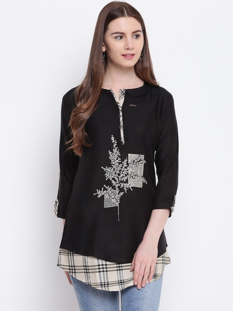 

Kvsfab Women Black & Off-White Embroidered A-Line Kurti