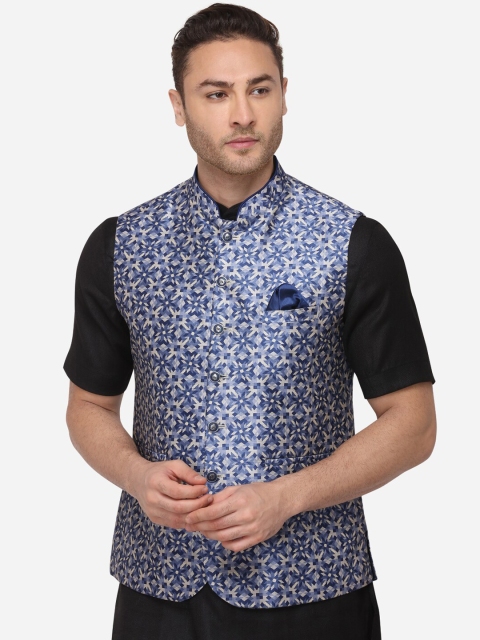 

Greenfibre Men Blue & White Printed Nehru Jacket