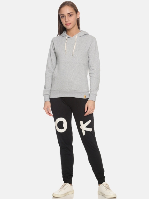

Campus Sutra Women Grey Melange & Black Solid Casual Hooded Tracksuit