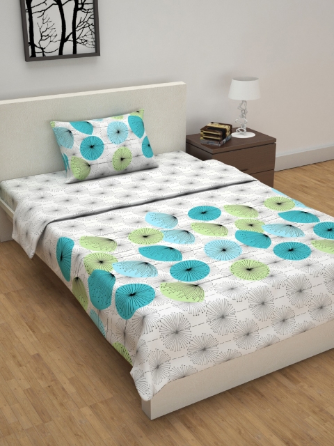 

Divine Casa White & Turquoise Blue Floral Printed Single Bed Bedsheet With Pillow Cover & Dohar