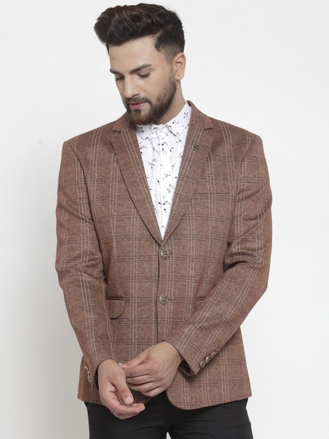 

MAXENCE Men Brown Checked Slim-Fit Single-Breasted Formal Blazer
