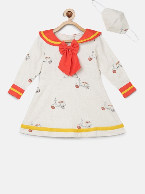 

Tutus By Tutu Girls Off-White Printed A-Line Dress With Matching Mask