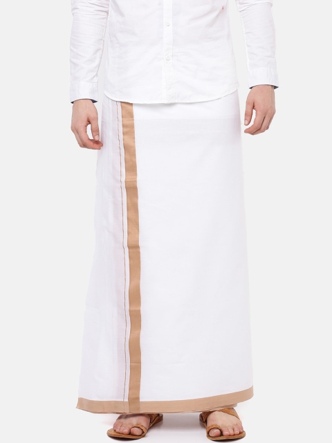 

RAMRAJ COTTON Men White Solid Aadarsha Dhoti With Brown Border